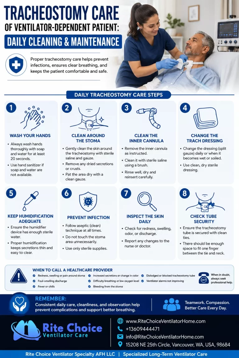 Infographic showing daily tracheostomy care and maintenance steps for ventilator-dependent patients, including cleaning, infection prevention, and tracheostomy tube care.