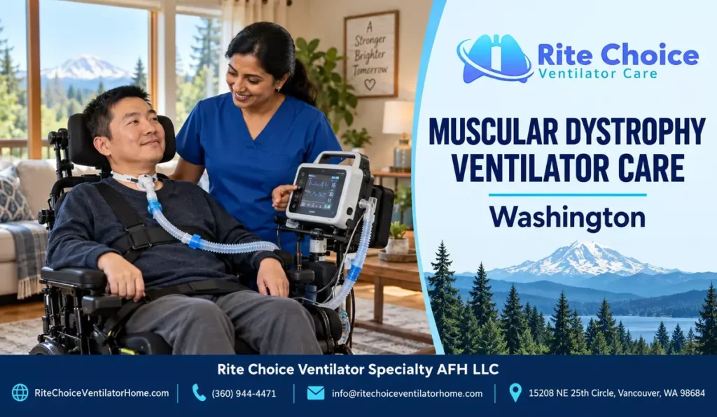 Adult muscular dystrophy resident receiving long-term ventilator care from a nurse at Rite Choice in Vancouver Washington.